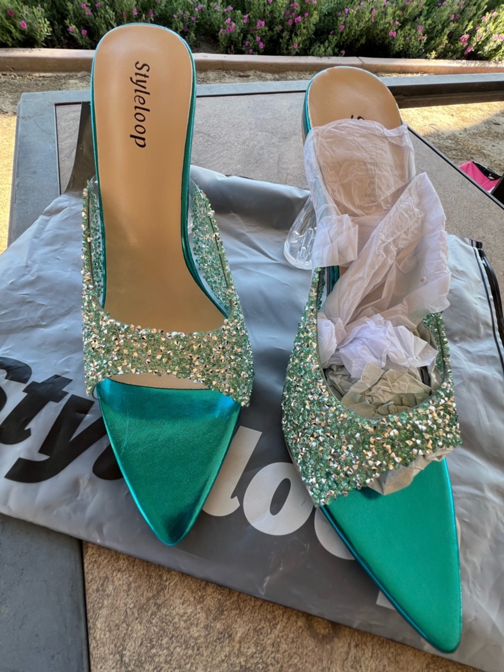 Teal Rhinestone Embellished Metallic Mules